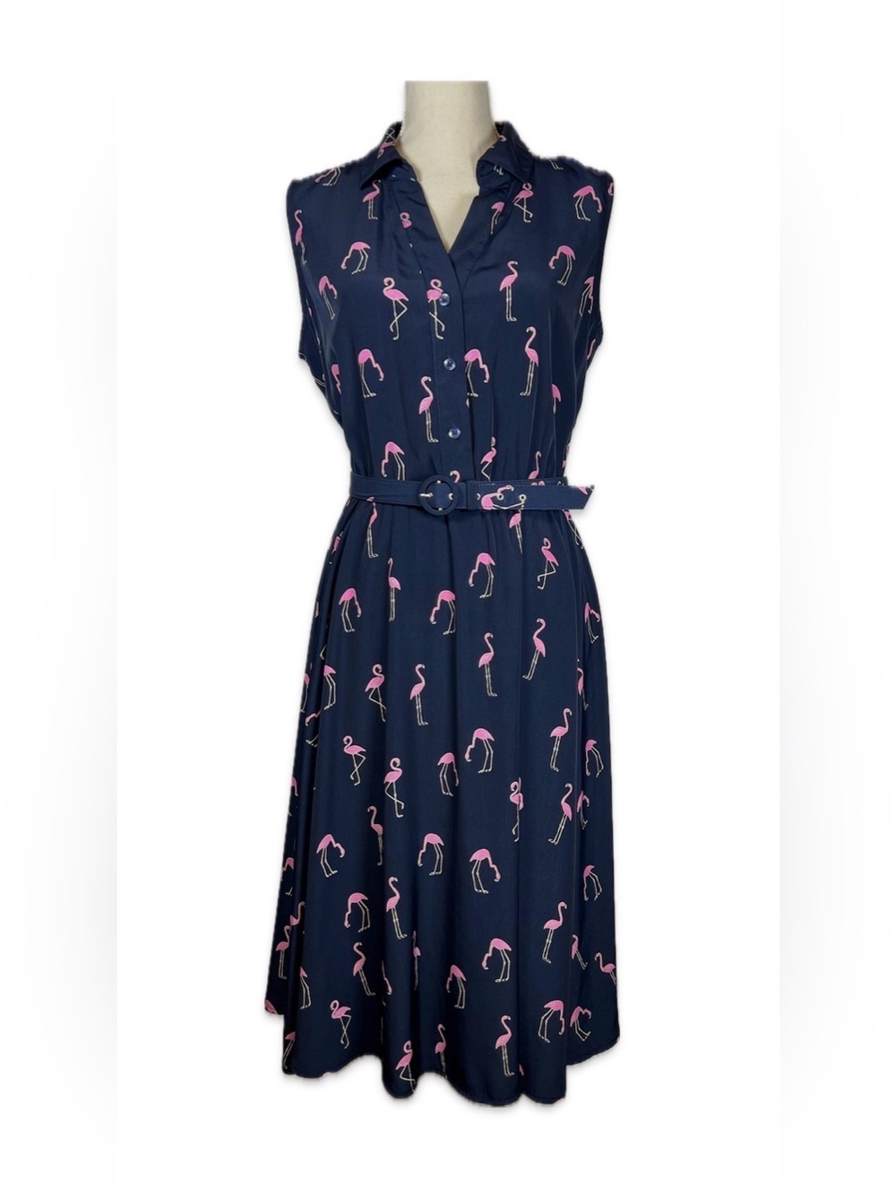 Charter Club Flamingo Print Midi Shirt Dress Belted Navy Pink Size 12 Sleeveless